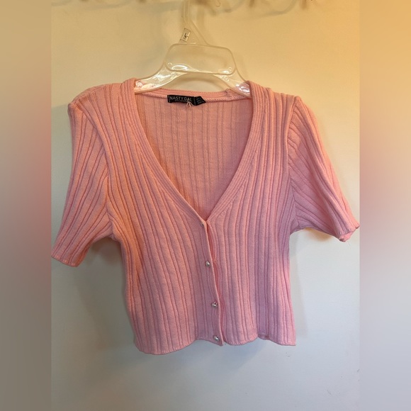 Pink Nasty Gal Mini Cardigan Size 8 Medium Coquette Pearl Buttons - Picture 1 of 4